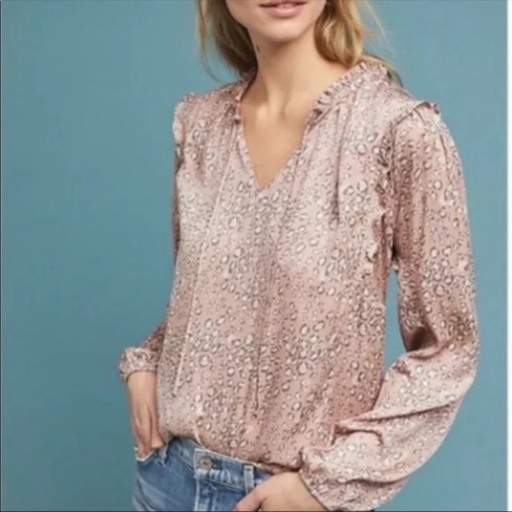 ANTHROPOLOGIE | DOLAN Miramar Pink Animal Print Blouse Ruffle Tie Front XS